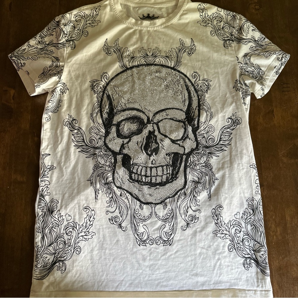 Heads or Tails Shirt Small Skull Rhinestone Tattoo‎ Graphic Unique Bones 💀